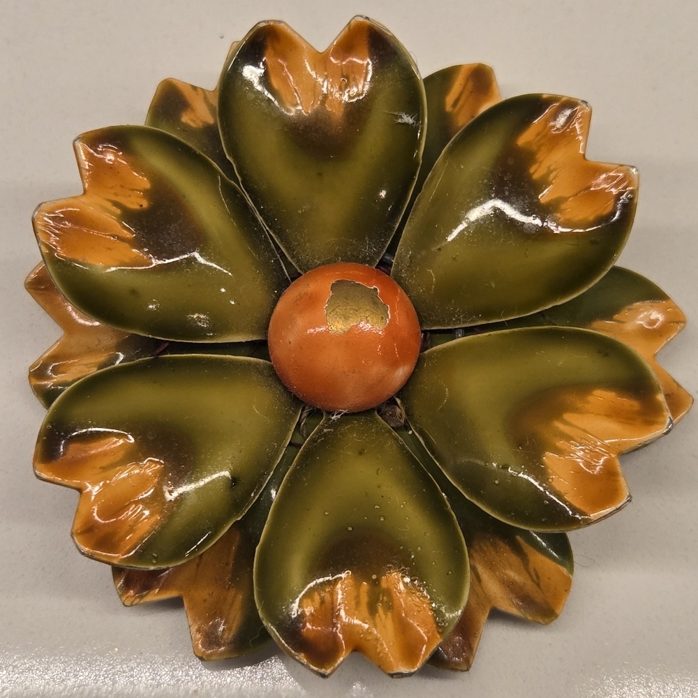 Vintage Flower Enamel Brooch in Olive Green and Burnt Orange